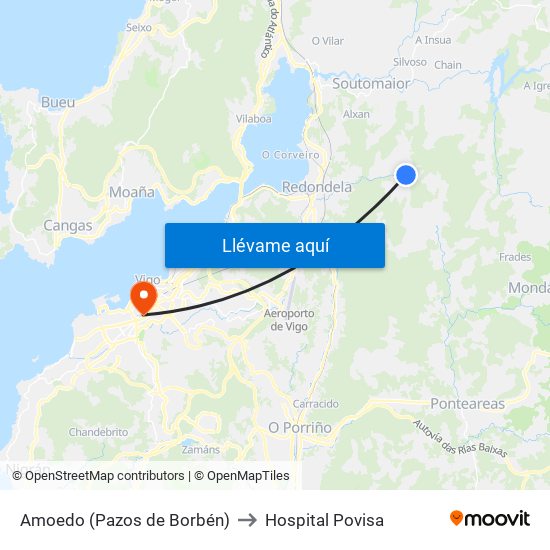 Amoedo (Pazos de Borbén) to Hospital Povisa map