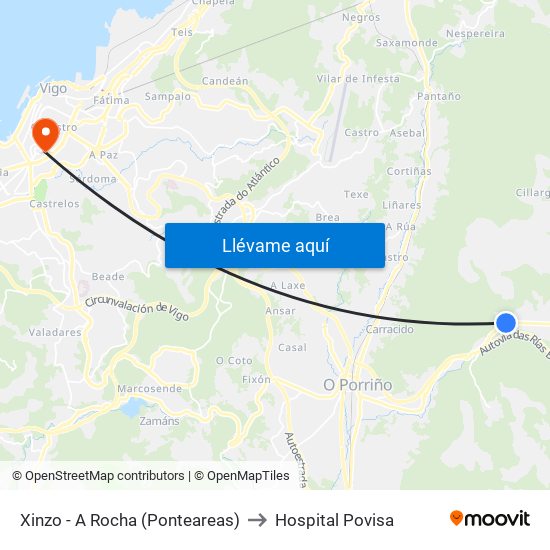 Xinzo - A Rocha (Ponteareas) to Hospital Povisa map