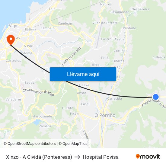 Xinzo - A Cividá (Ponteareas) to Hospital Povisa map