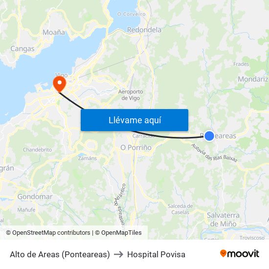 Alto de Areas (Ponteareas) to Hospital Povisa map