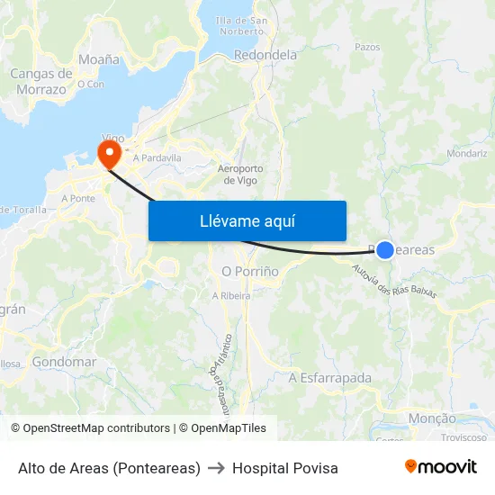 Alto de Areas (Ponteareas) to Hospital Povisa map