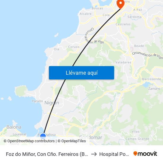 Foz do Miñor, Con Cño. Ferreiros (Baiona) to Hospital Povisa map