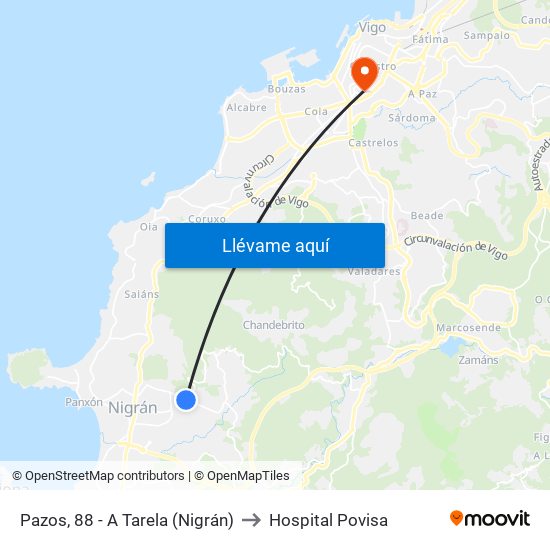Pazos, 88 - A Tarela (Nigrán) to Hospital Povisa map
