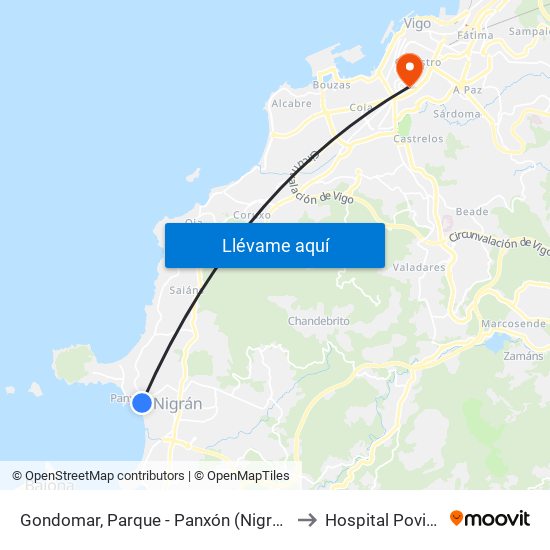 Gondomar, Parque - Panxón (Nigrán) to Hospital Povisa map
