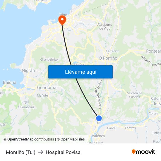 Montiño (Tui) to Hospital Povisa map