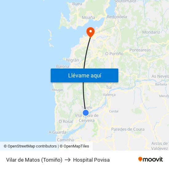 Vilar de Matos (Tomiño) to Hospital Povisa map