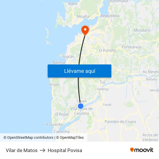 Vilar de Matos (Tomiño) to Hospital Povisa map