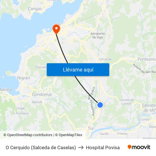 O Cerquido (Salceda de Caselas) to Hospital Povisa map