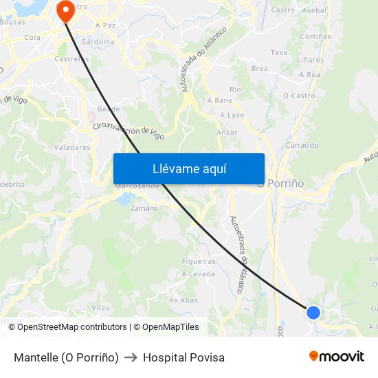 Mantelle (O Porriño) to Hospital Povisa map