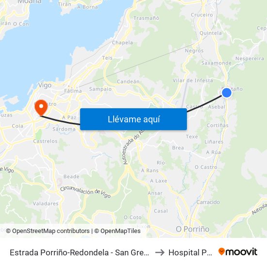Estrada Porriño-Redondela - San Gregorio (Mos) to Hospital Povisa map