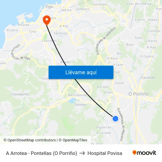 A Arrotea - Pontellas (O Porriño) to Hospital Povisa map