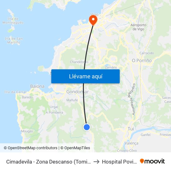 Cimadevila - Zona Descanso (Tomiño) to Hospital Povisa map