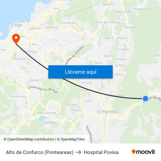 Alto de Confurco (Ponteareas) to Hospital Povisa map
