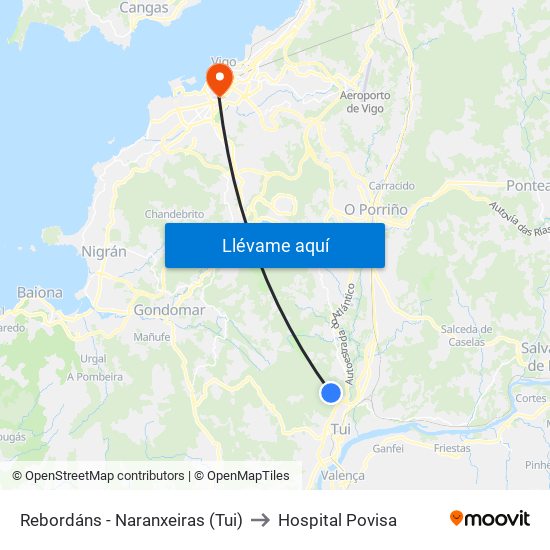 Rebordáns - Naranxeiras (Tui) to Hospital Povisa map