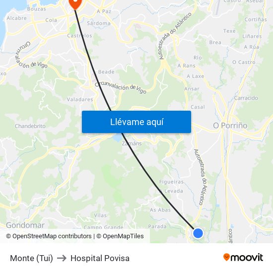 Monte (Tui) to Hospital Povisa map