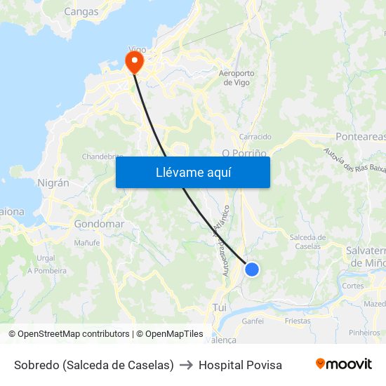 Sobredo (Salceda de Caselas) to Hospital Povisa map