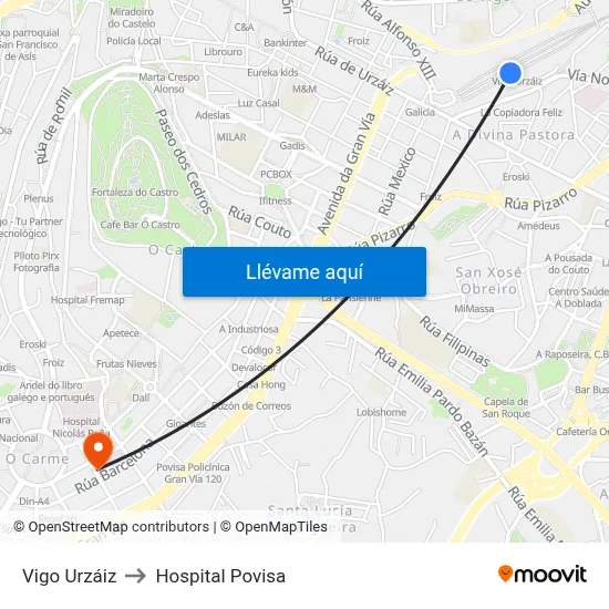 Vigo Urzáiz to Hospital Povisa map