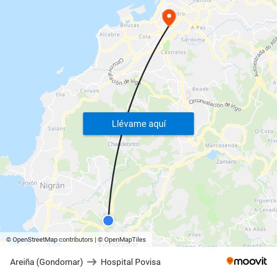 Areiña (Gondomar) to Hospital Povisa map