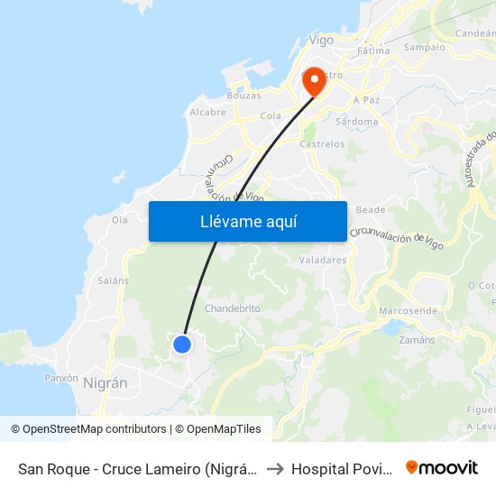 San Roque - Cruce Lameiro (Nigrán) to Hospital Povisa map