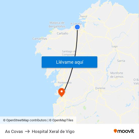 As Covas to Hospital Xeral de Vigo map