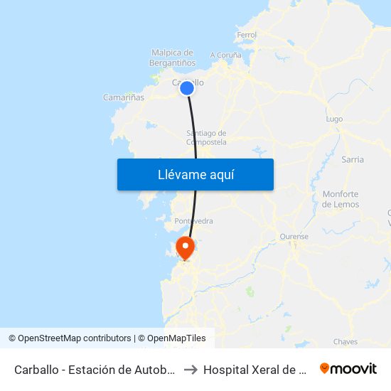 Carballo - Estación de Autobuses to Hospital Xeral de Vigo map