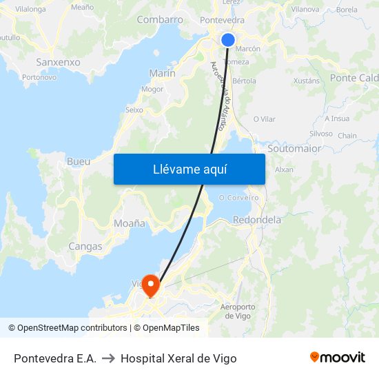Pontevedra E.A. to Hospital Xeral de Vigo map