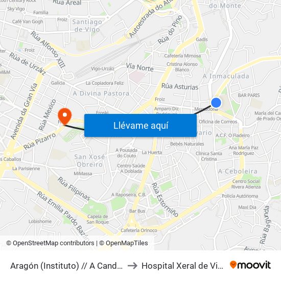 Aragón (Instituto) // A Candea to Hospital Xeral de Vigo map