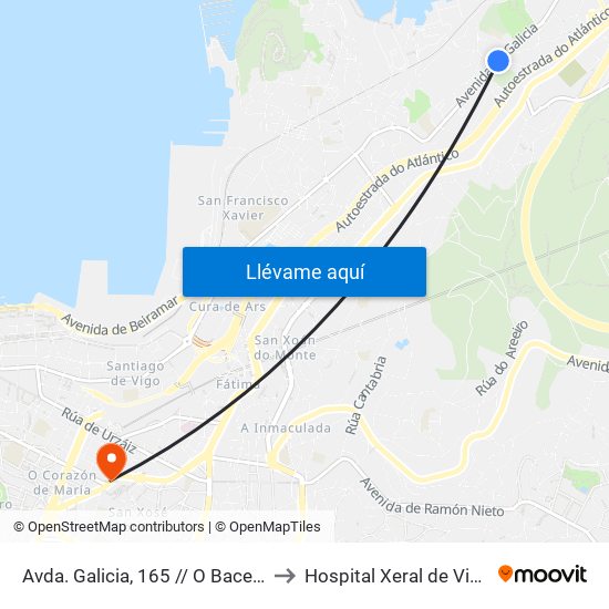 Avda. Galicia, 165 // O Bacelo to Hospital Xeral de Vigo map