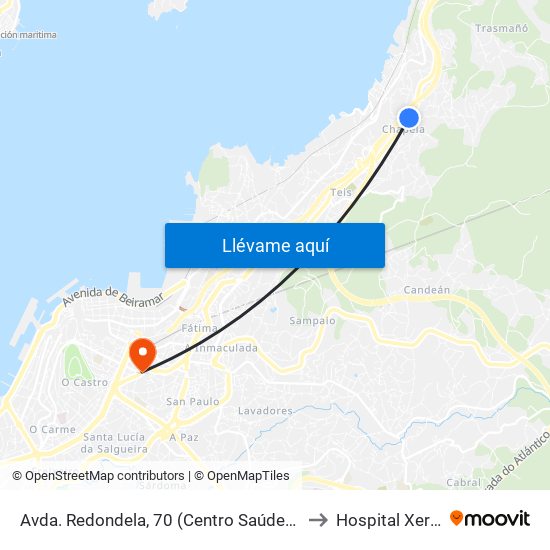 Avda. Redondela, 70 (Centro Saúde) // Lombardía de Arriba to Hospital Xeral de Vigo map