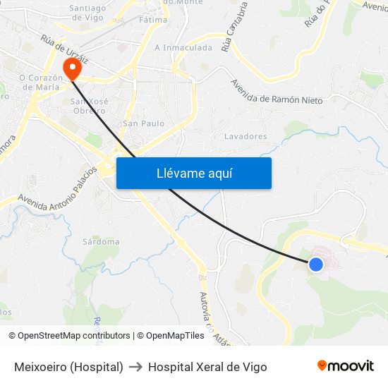 Hospital do Meixoeiro // O Areeiro to Hospital Xeral de Vigo map