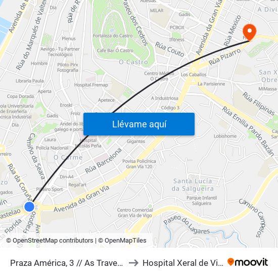 Praza América, 3 // As Travesas to Hospital Xeral de Vigo map