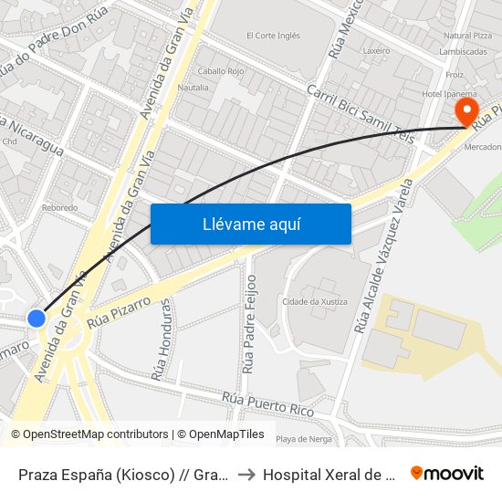 Praza España (Kiosco) // Granada to Hospital Xeral de Vigo map