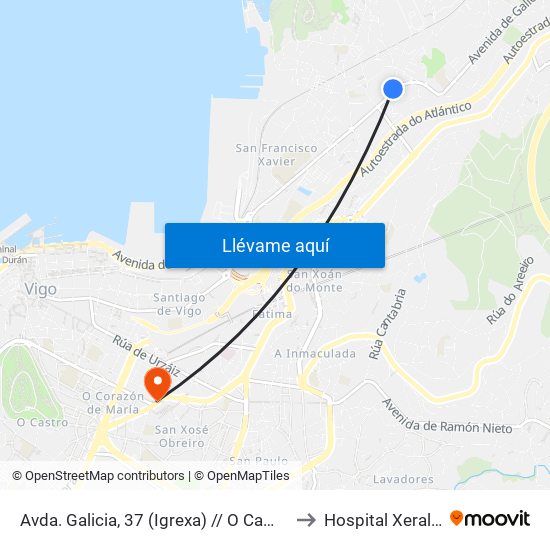 Avda. Galicia, 37 (Igrexa) // O Campo do Cangueiro to Hospital Xeral de Vigo map