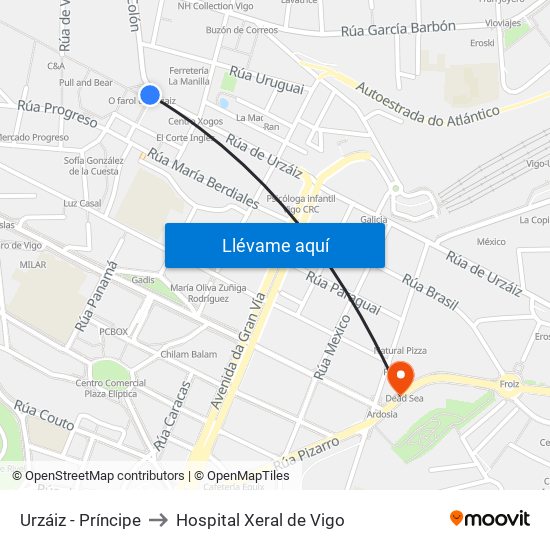 Urzáiz - Príncipe to Hospital Xeral de Vigo map