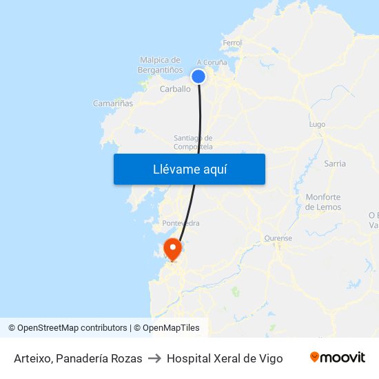 Arteixo, Panadería Rozas to Hospital Xeral de Vigo map