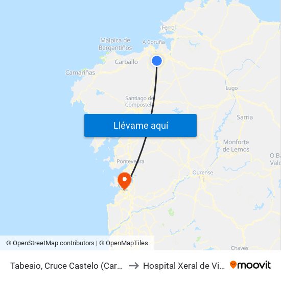 Tabeaio, Cruce Castelo (Carral) to Hospital Xeral de Vigo map