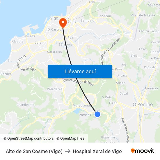 Alto de San Cosme (Vigo) to Hospital Xeral de Vigo map