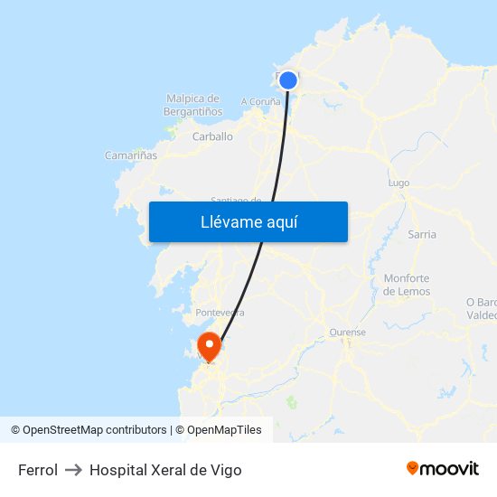 Ferrol to Hospital Xeral de Vigo map