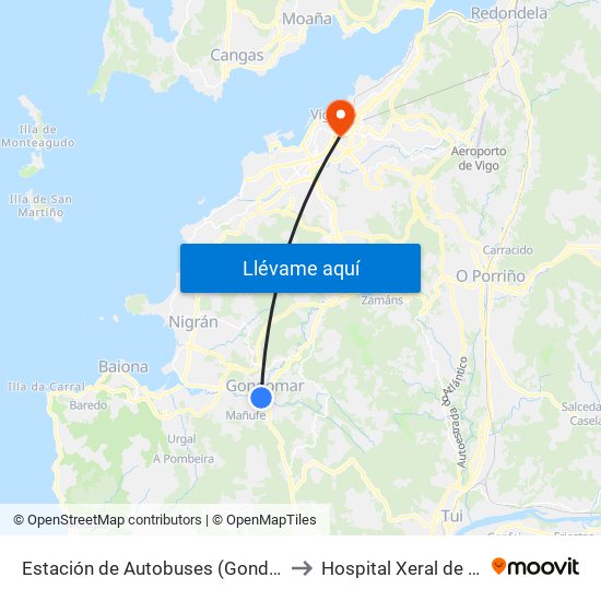 Estación de Autobuses (Gondomar) to Hospital Xeral de Vigo map