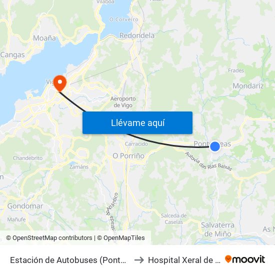 Estación de Autobuses (Ponteareas) to Hospital Xeral de Vigo map