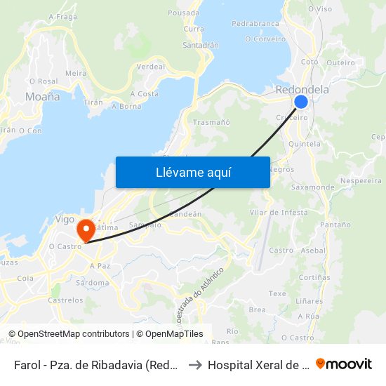 Farol - Pza. de Ribadavia (Redondela) to Hospital Xeral de Vigo map