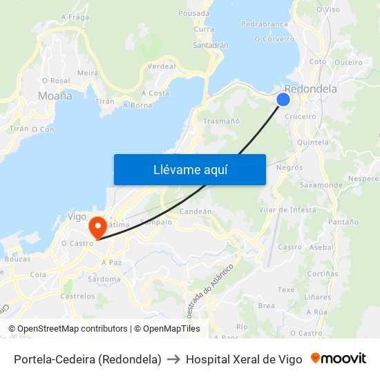 Portela-Cedeira (Redondela) to Hospital Xeral de Vigo map