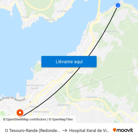 O Tesouro-Rande (Redondela) to Hospital Xeral de Vigo map