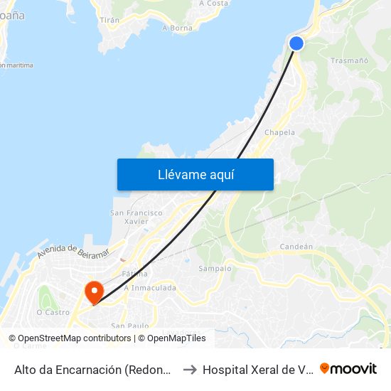 Alto da Encarnación (Redondela) to Hospital Xeral de Vigo map