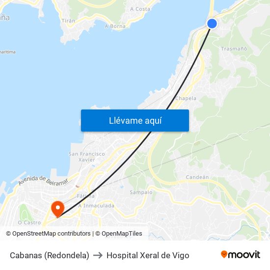 Cabanas (Redondela) to Hospital Xeral de Vigo map