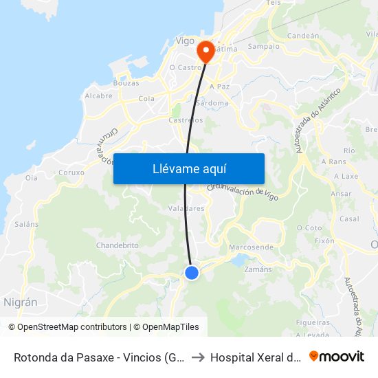 Rotonda da Pasaxe - Vincios (Gondomar) to Hospital Xeral de Vigo map