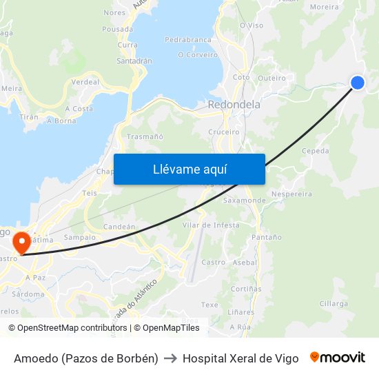 Amoedo (Pazos de Borbén) to Hospital Xeral de Vigo map