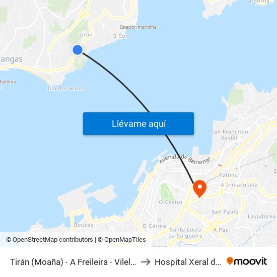 Tirán (Moaña) - A Freileira - Vilela (Moaña) to Hospital Xeral de Vigo map
