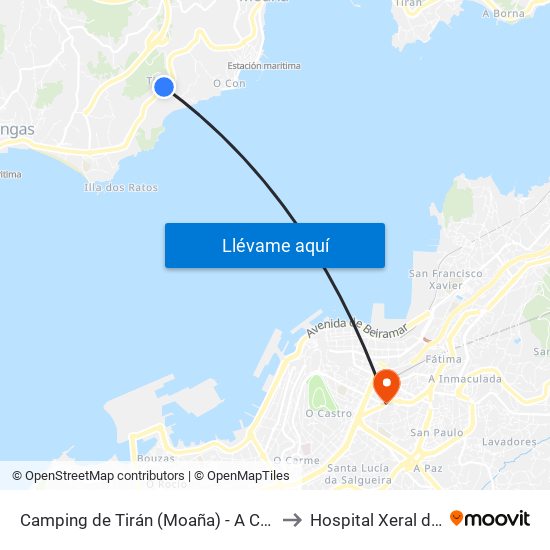 Camping de Tirán (Moaña) - A Carrasqueira to Hospital Xeral de Vigo map