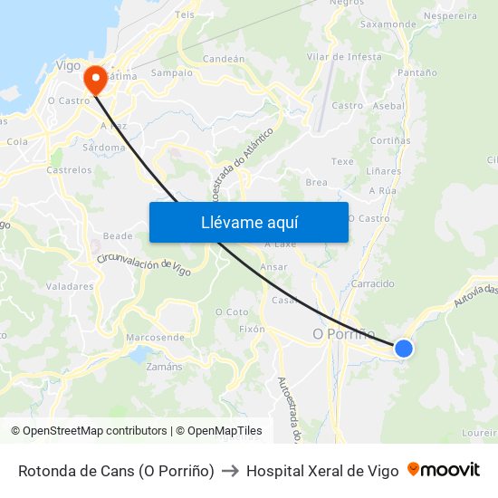 Rotonda de Cans (O Porriño) to Hospital Xeral de Vigo map